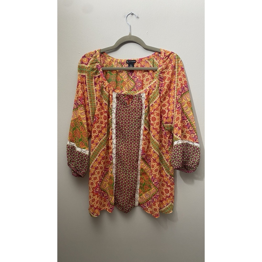 New Direction Woman's Tunic Flowy Scarf Top Artsy Gypsy Hippie Colorful Size XL